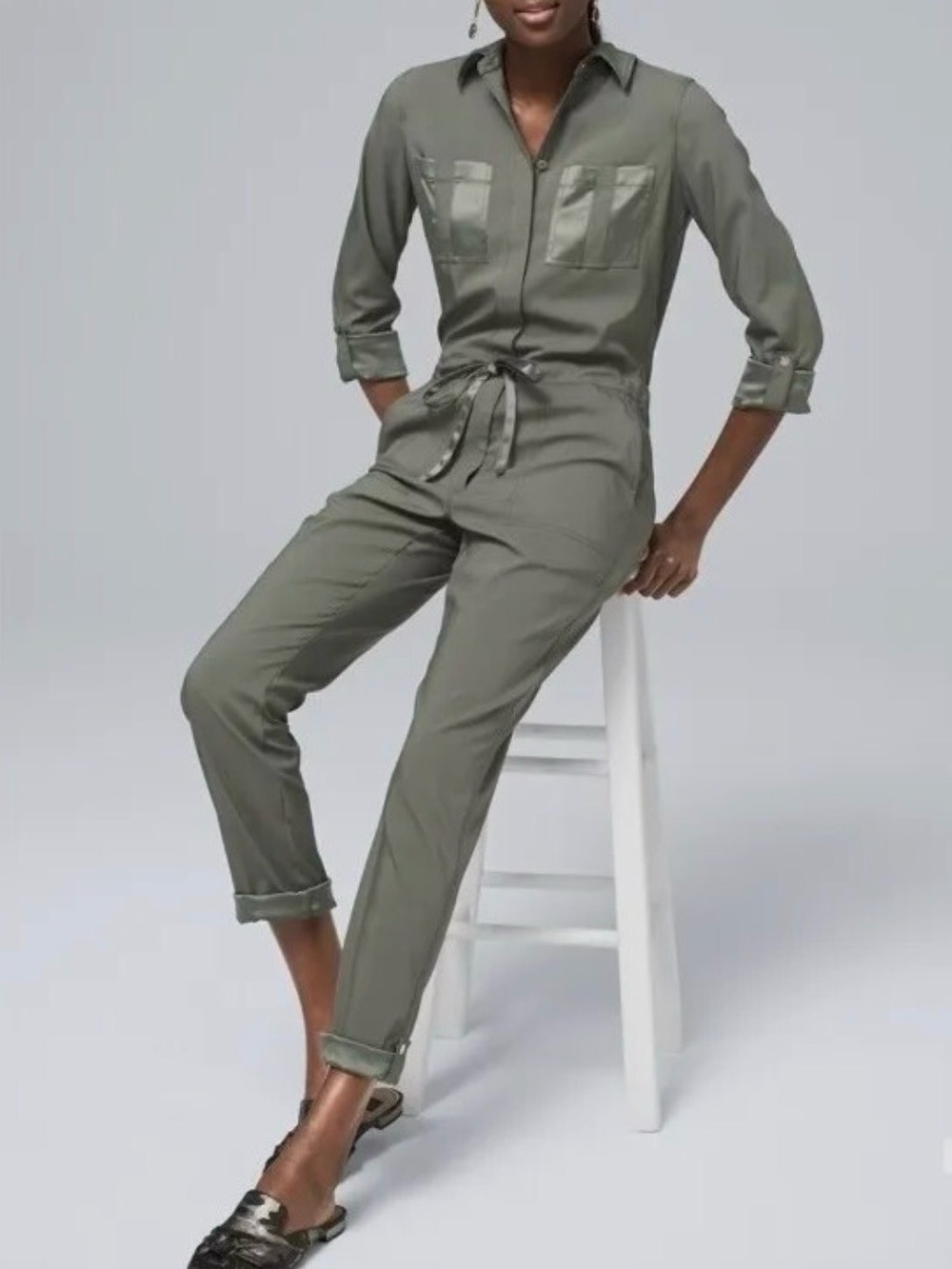 White House Black Market Sz 12 Green Satin Utility Button-Front Belted Jumpsuit